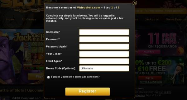 Signup screen in an online casino - player registration to play online